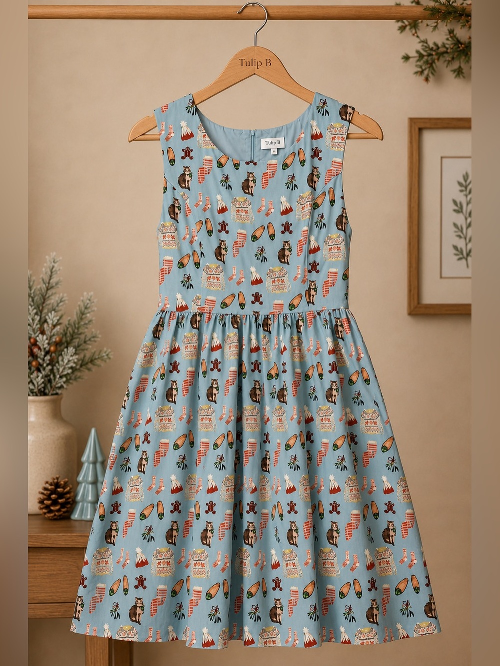 Tulip B Sleeveless Light Blue Holiday Print Midi Dress Cats Socks Sweater Hats - Picture 4 of 7